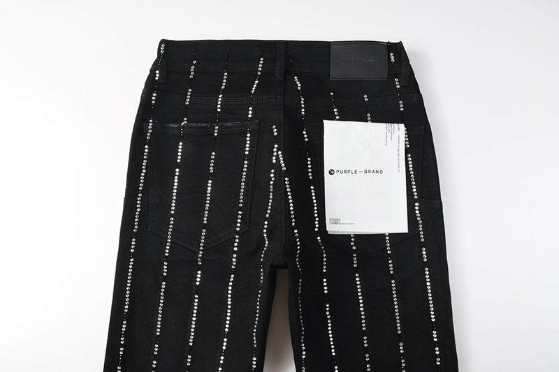 Men's Black Vertical Rhinestone Striped Skinny Jeans | Streetwear Slim Fit Denim Pants