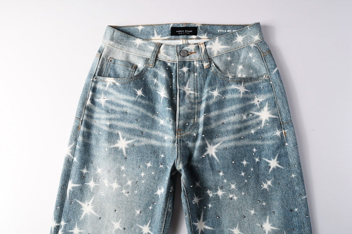 Distressed Blue Rhinestones Baggy Jeans - Printing Patterns & Loose Ripped Denim