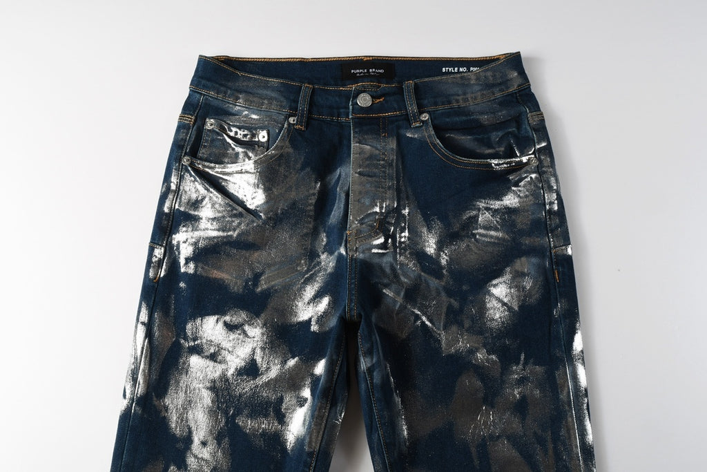 Men's Distressed Blue Skinny Jeans with Silver Coating, Ripped Holes & Button Fly
