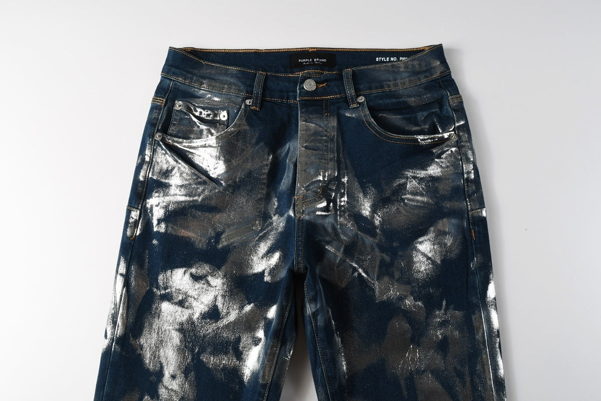 Men's Distressed Blue Skinny Jeans with Silver Coating, Ripped Holes & Button Fly