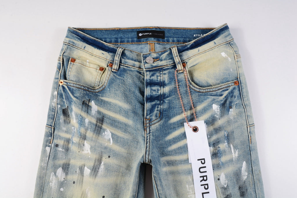 Men's High Street Distressed Blue Destroyed Hole Slim Fit Spray Paint Ripped Jeans
