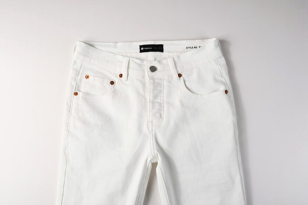 Men's Distressed White Skinny Jeans with Embroidered Patterns & Ripped Holes & Button Fly