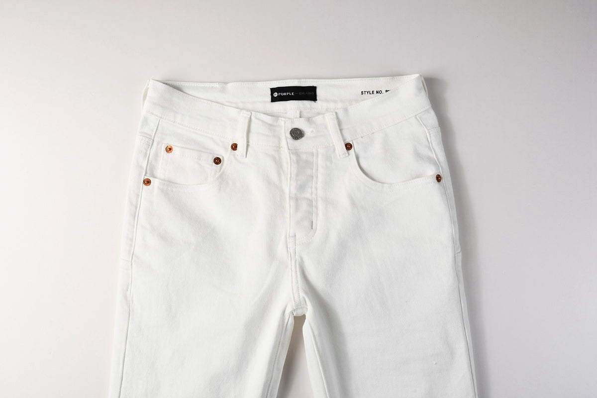 Men's Distressed White Skinny Jeans with Embroidered Patterns & Ripped Holes & Button Fly