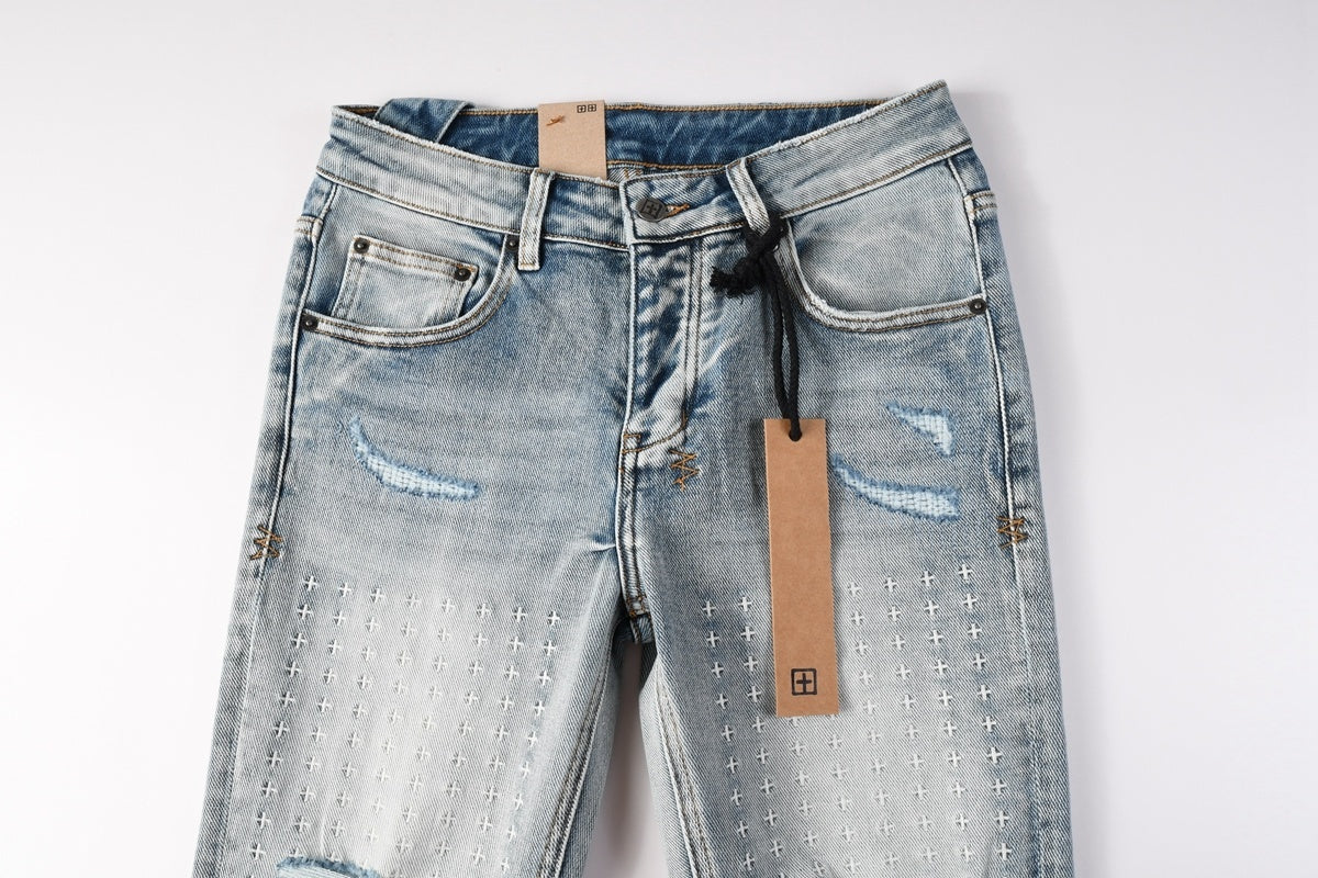 Men’s Light Wash Skinny Jeans - Cross Embroidered Distressed Denim