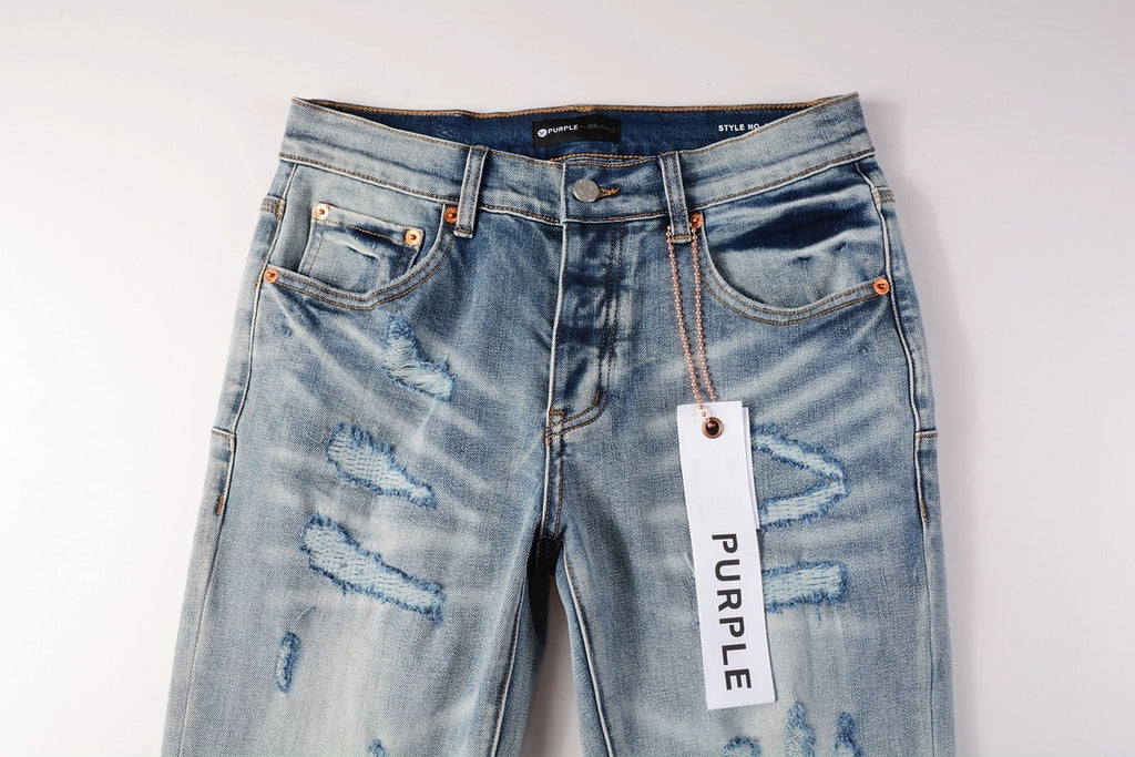 Men's Slim Fit Streetwear Distressed Light Blue Destroyed Holes Patchwork Stretch Ripped Jeans