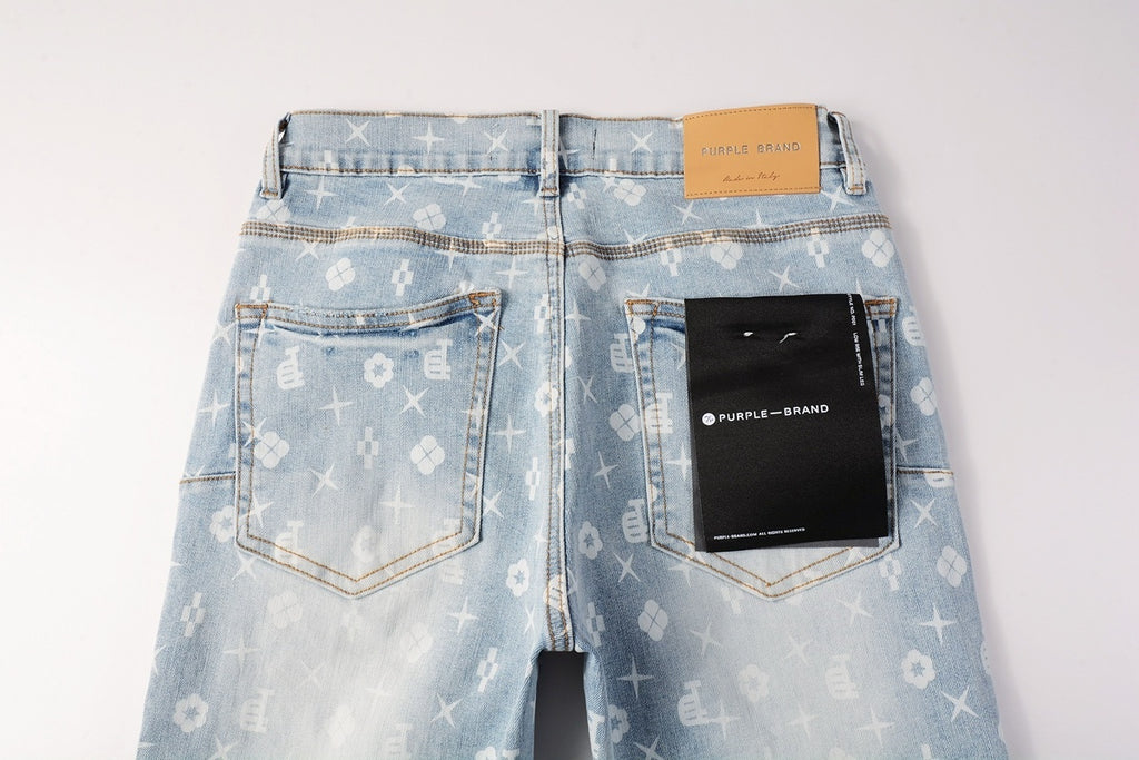 Men's Distressed Light Blue Skinny Jeans with Laser Print Patterns & Button Fly
