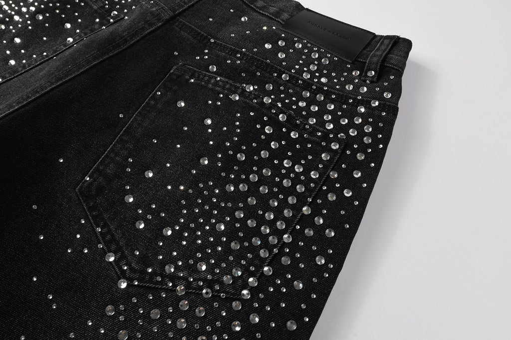 Men's Distressed Black Denim Shorts with Rhinestones, Ripped Holes & Raw Hem