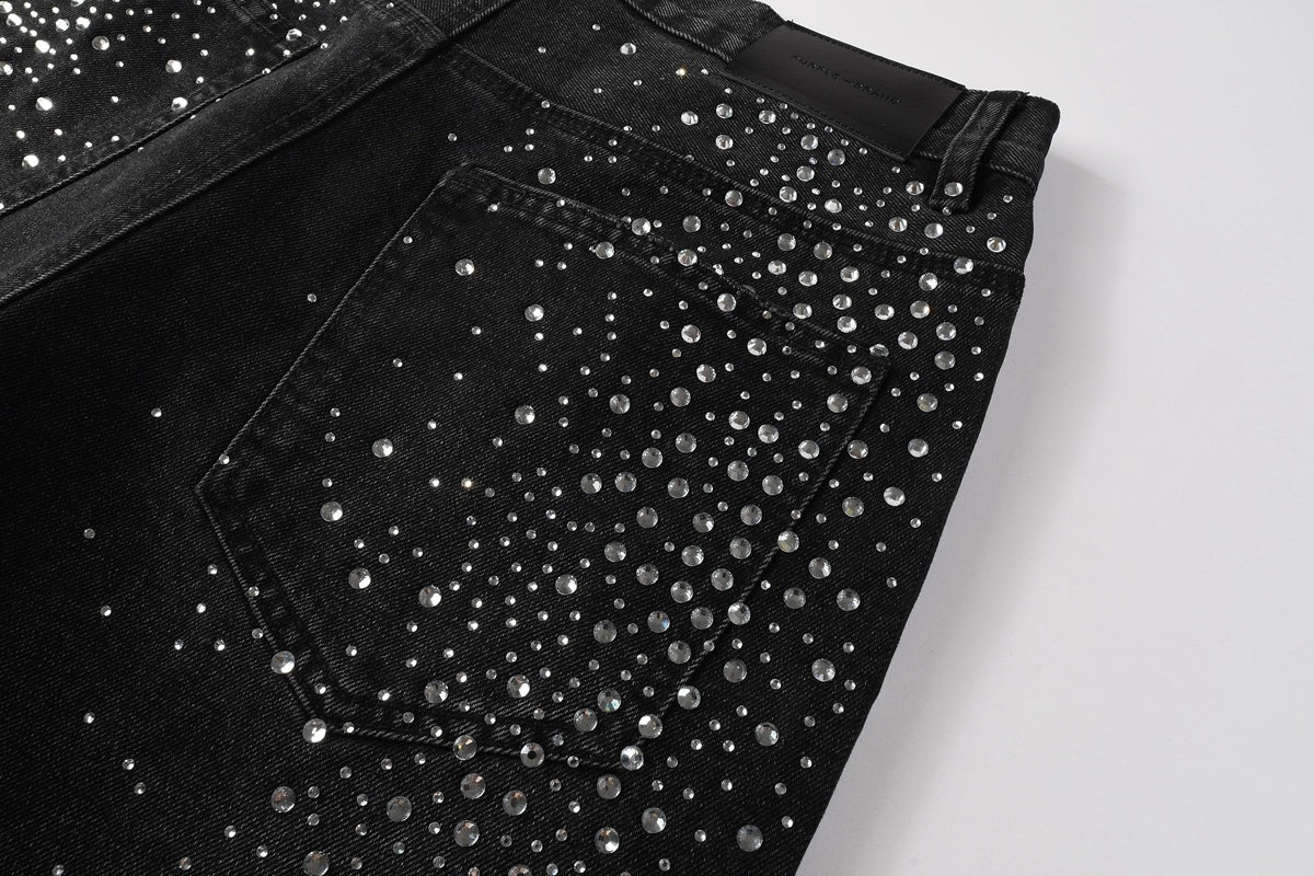 Men's Distressed Black Denim Shorts with Rhinestones, Ripped Holes & Raw Hem