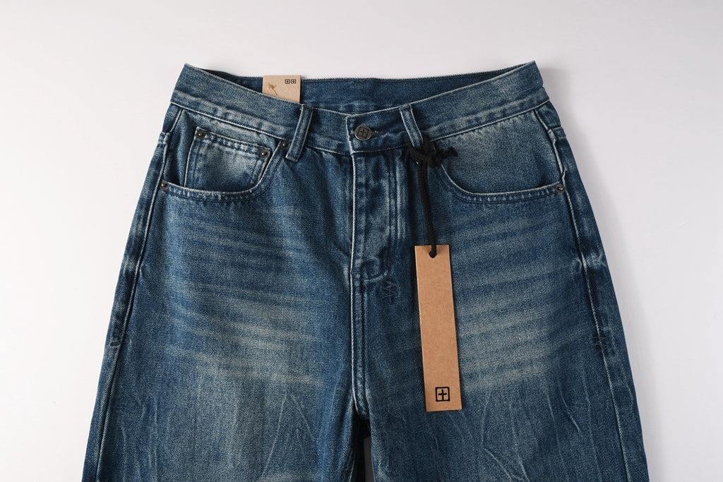Men’s Vintage Blue Baggy Jeans - Distressed Knee Patch Denim