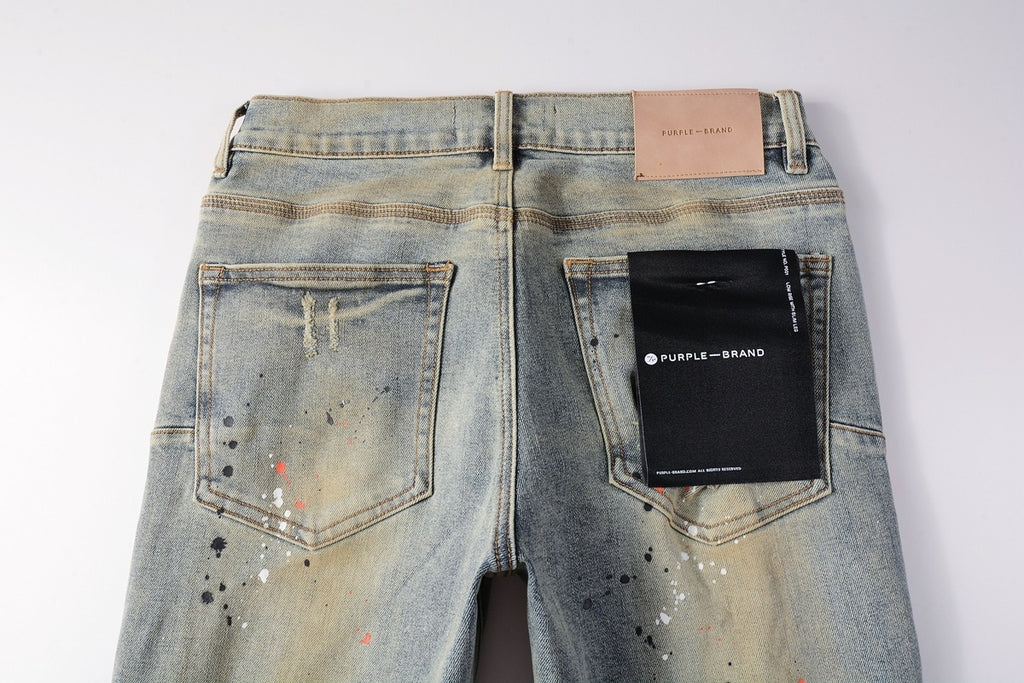 Men's Slim Fit Distressed Washed Light Blue Graffiti Jeans with Ripped Holes & Button Fly