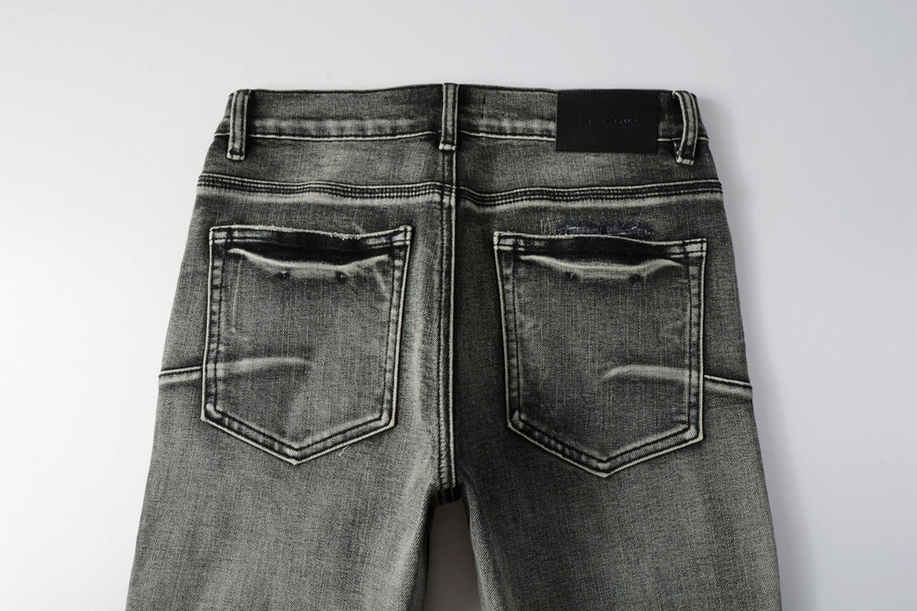 Men's High Street Distressed Ash Gray Skinny Jeans with Ripped Holes & Button Fly