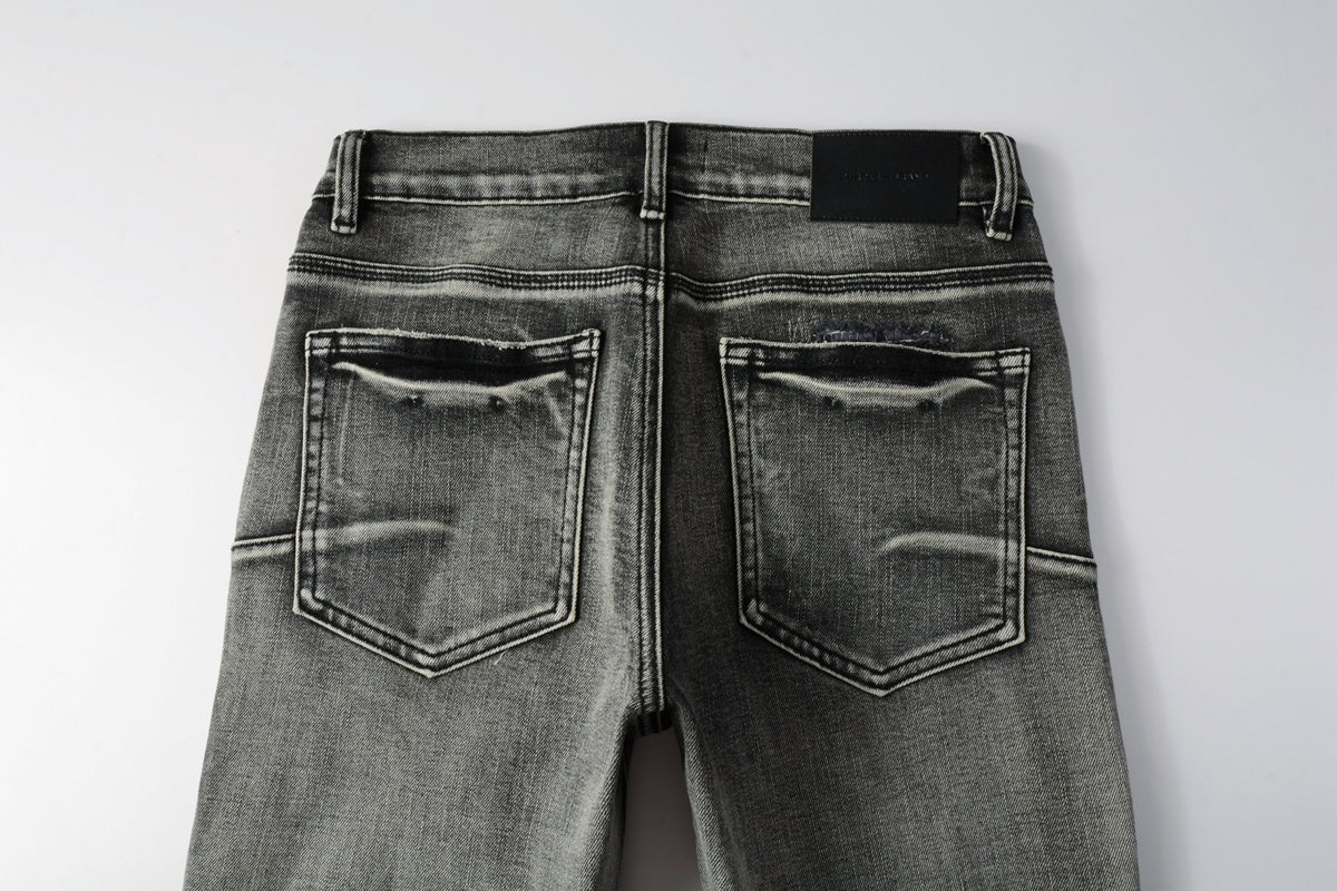 Men's High Street Distressed Ash Gray Skinny Jeans with Ripped Holes & Button Fly