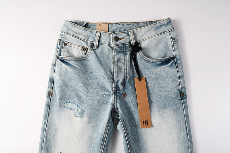 Men's Ksubi-Style Light Wash Rhinestone Logo Skinny Jeans - Streetwear Denim