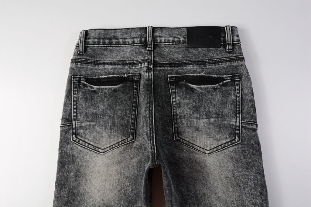 Men's Distressed Ash Gray Skinny Jeans with Ripped Holes & Button Fly
