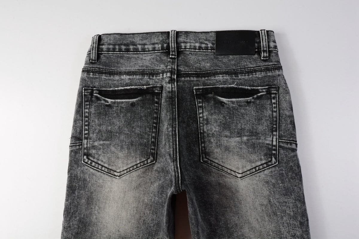 Men's Distressed Ash Gray Skinny Jeans with Ripped Holes & Button Fly