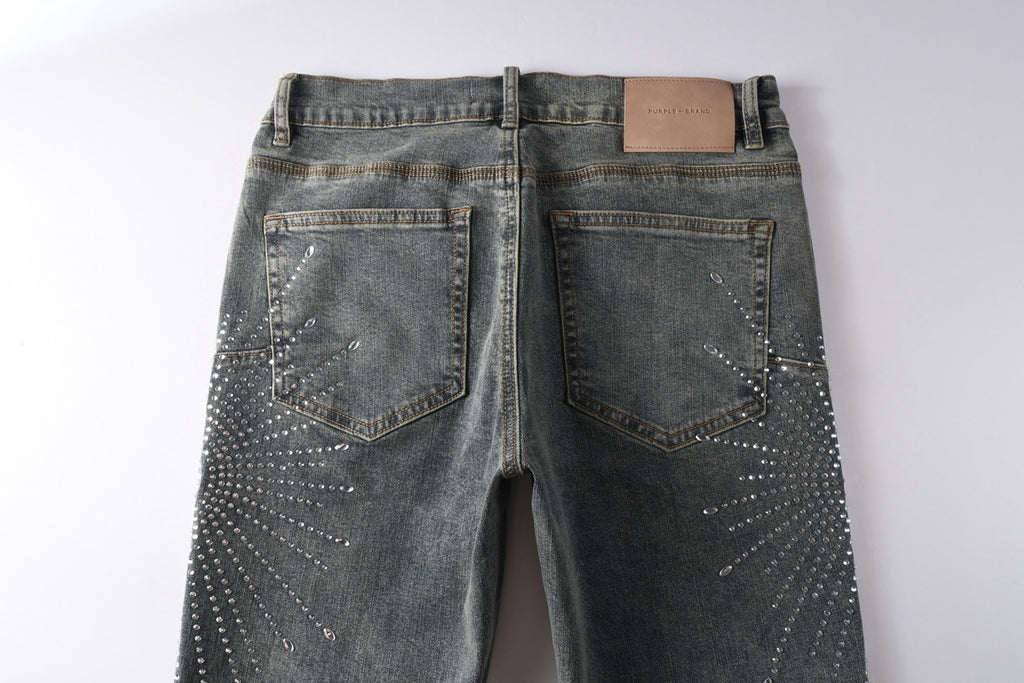 Men's Washed Blue Skinny Jeans with Ripped Holes, Rhinestones & Button Fly