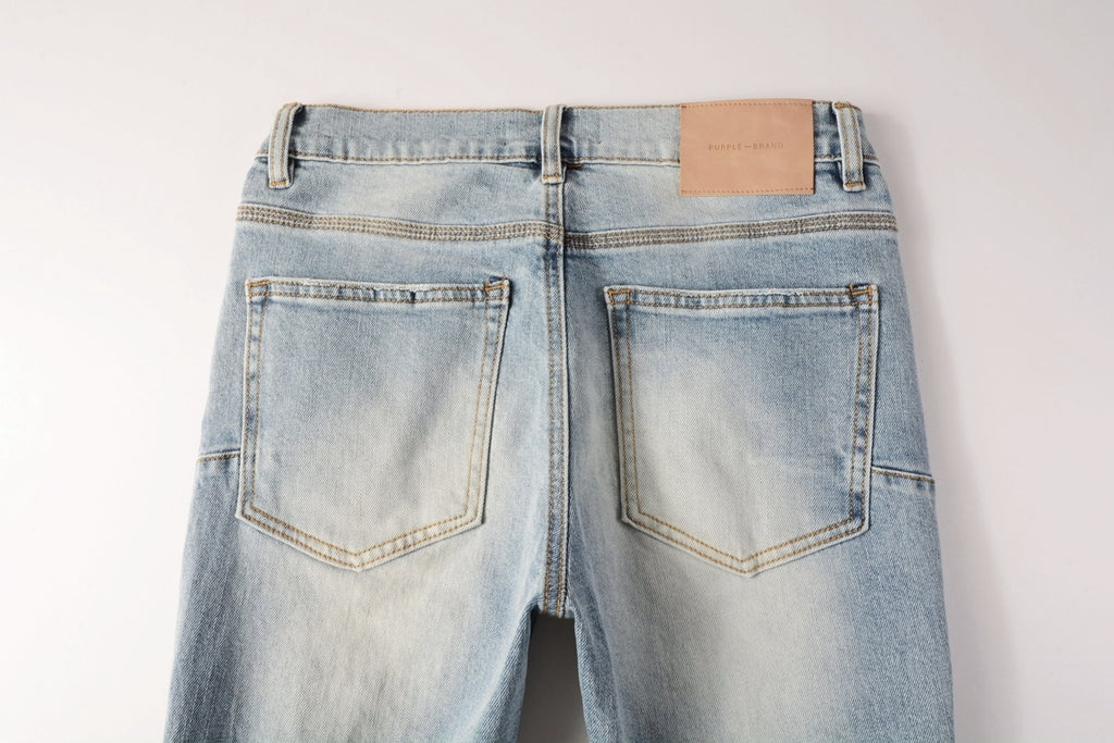 Men's Distressed Light Blue Skinny Jeans with Ripped Holes & Button Fly