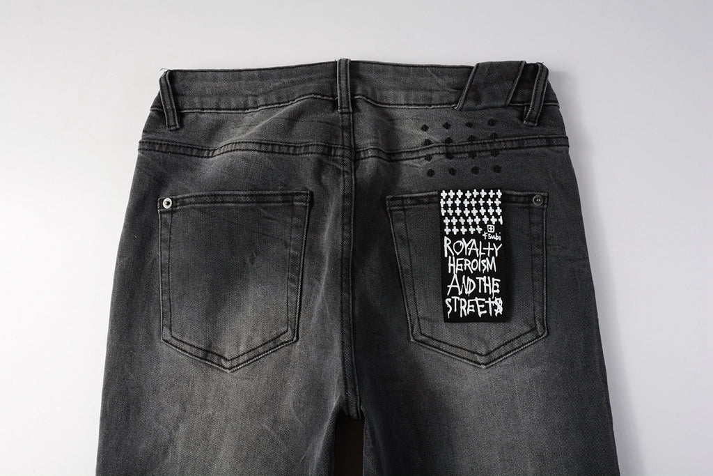 Men's Grey Wash Patchwork Distressed Skinny Jeans - Stretch Denim