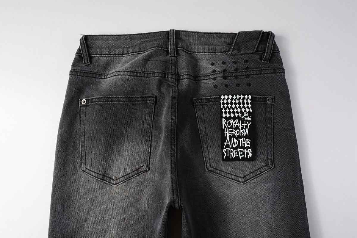 Men's Grey Wash Patchwork Distressed Skinny Jeans - Stretch Denim