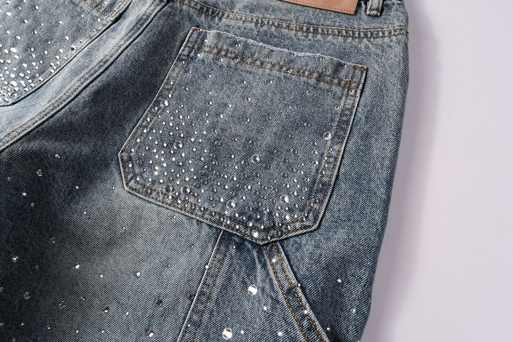 Men's Distressed Vintage Blue Denim Shorts with Rhinestones & Ripped Detailing