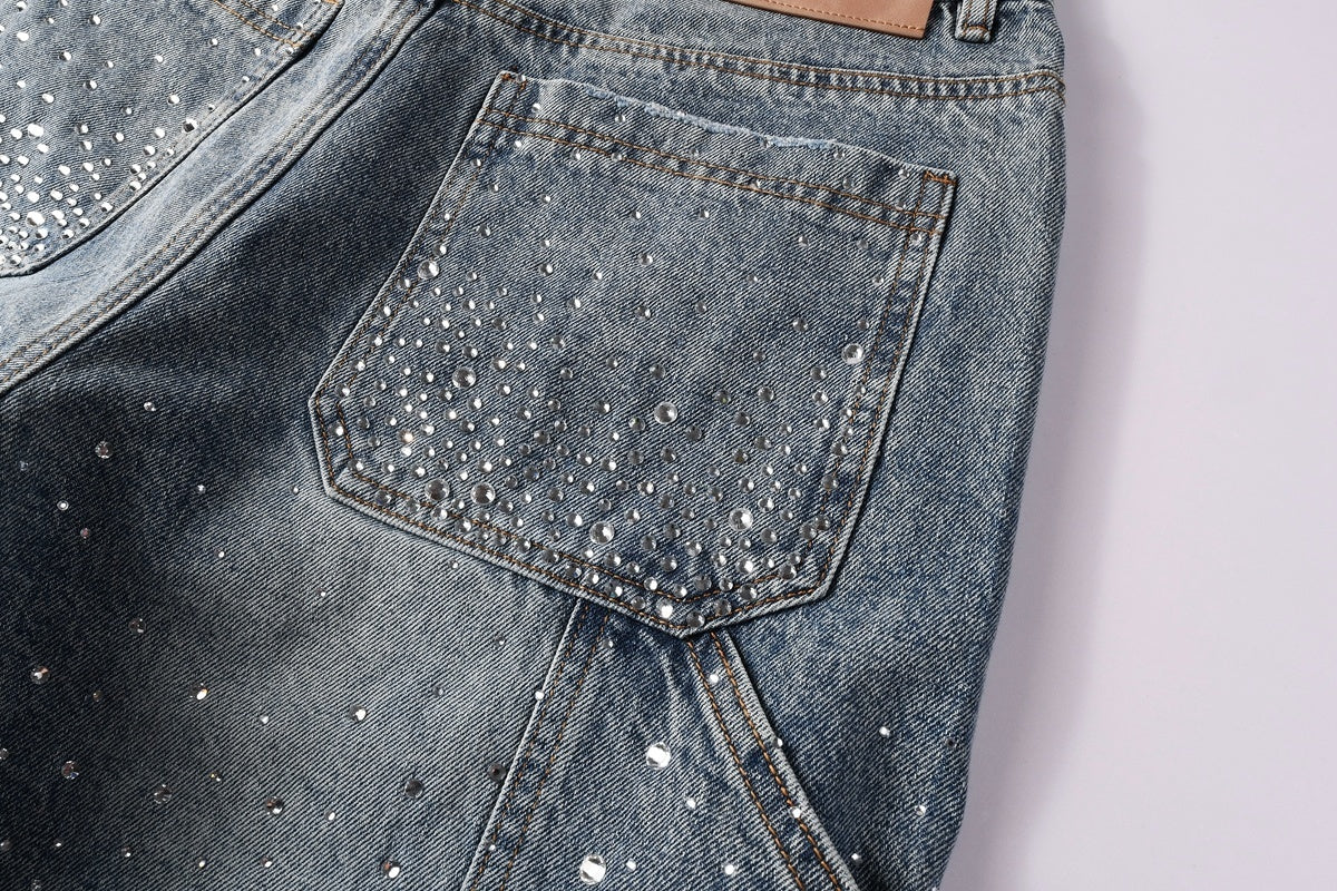 Men's Distressed Vintage Blue Denim Shorts with Rhinestones & Ripped Detailing