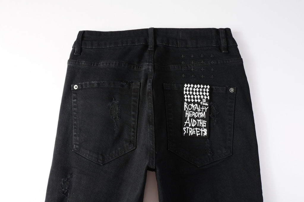 Men's Black Heavy Distressed Bandana Patch Skinny Jeans - Stretch Denim