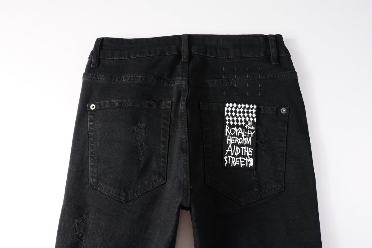 Men's Black Heavy Distressed Bandana Patch Skinny Jeans - Stretch Denim