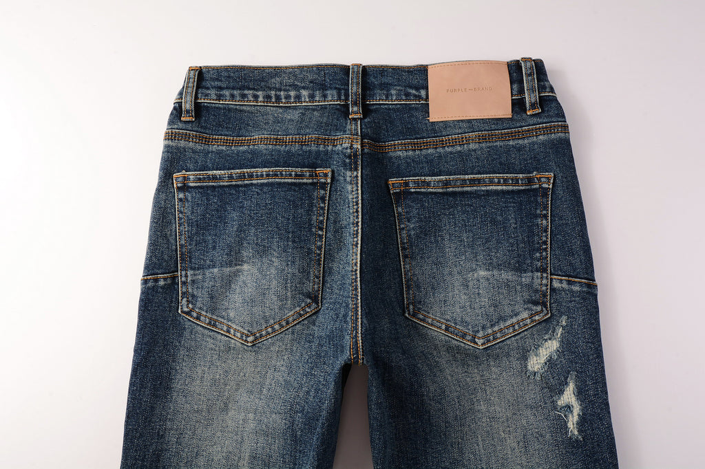 Men's Distressed Dark Blue Skinny Jeans with Ripped Holes & Button Fly