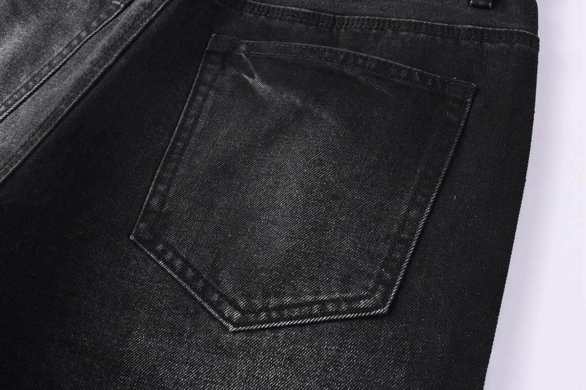 High-Quality Men's Distressed Black Denim Shorts with Rhinestones, Ripped Holes & Loose Fit