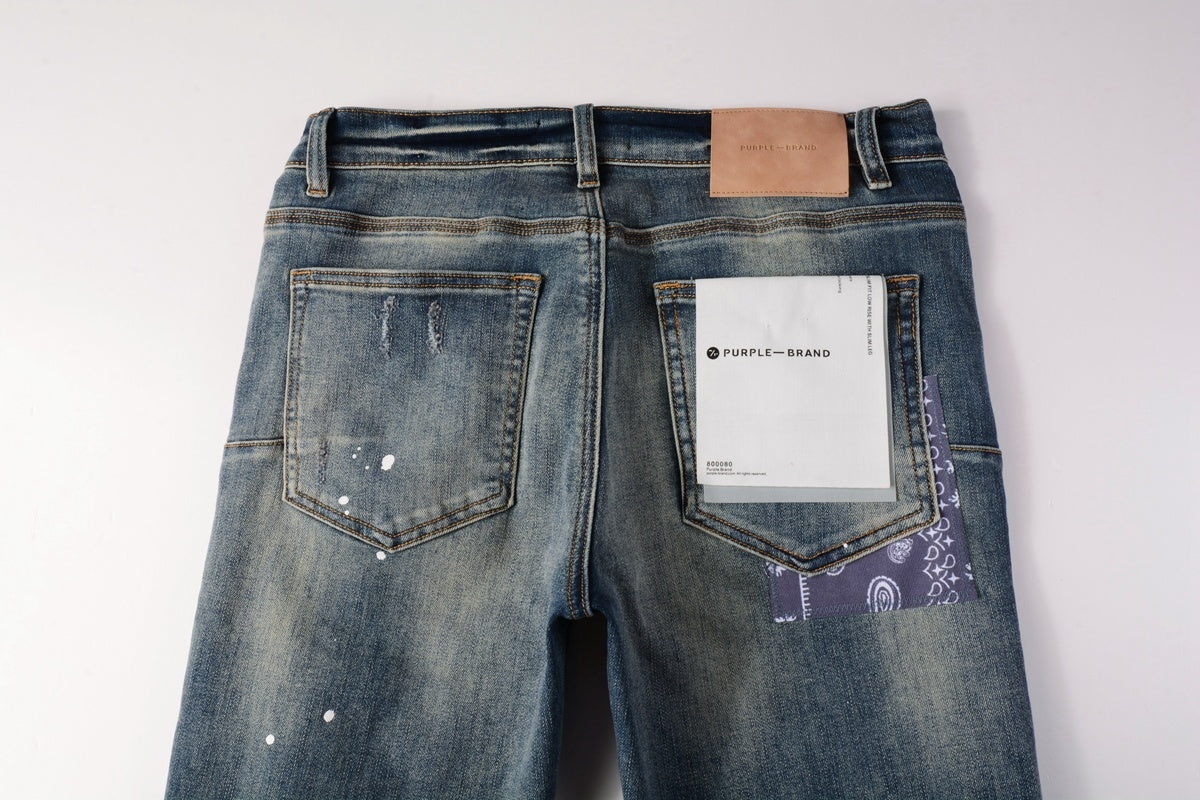 Men's Streetwear Classical Blue Distressed Bandanna Patchwork Stretch Slim Fit Ripped Jeans