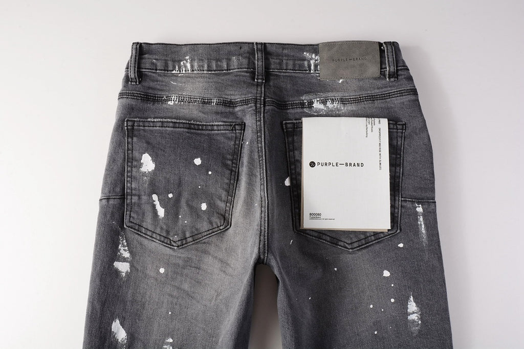 Men's Slim Fit Distressed Gray Damaged Holes Graffiti Stretch Ripped Jeans