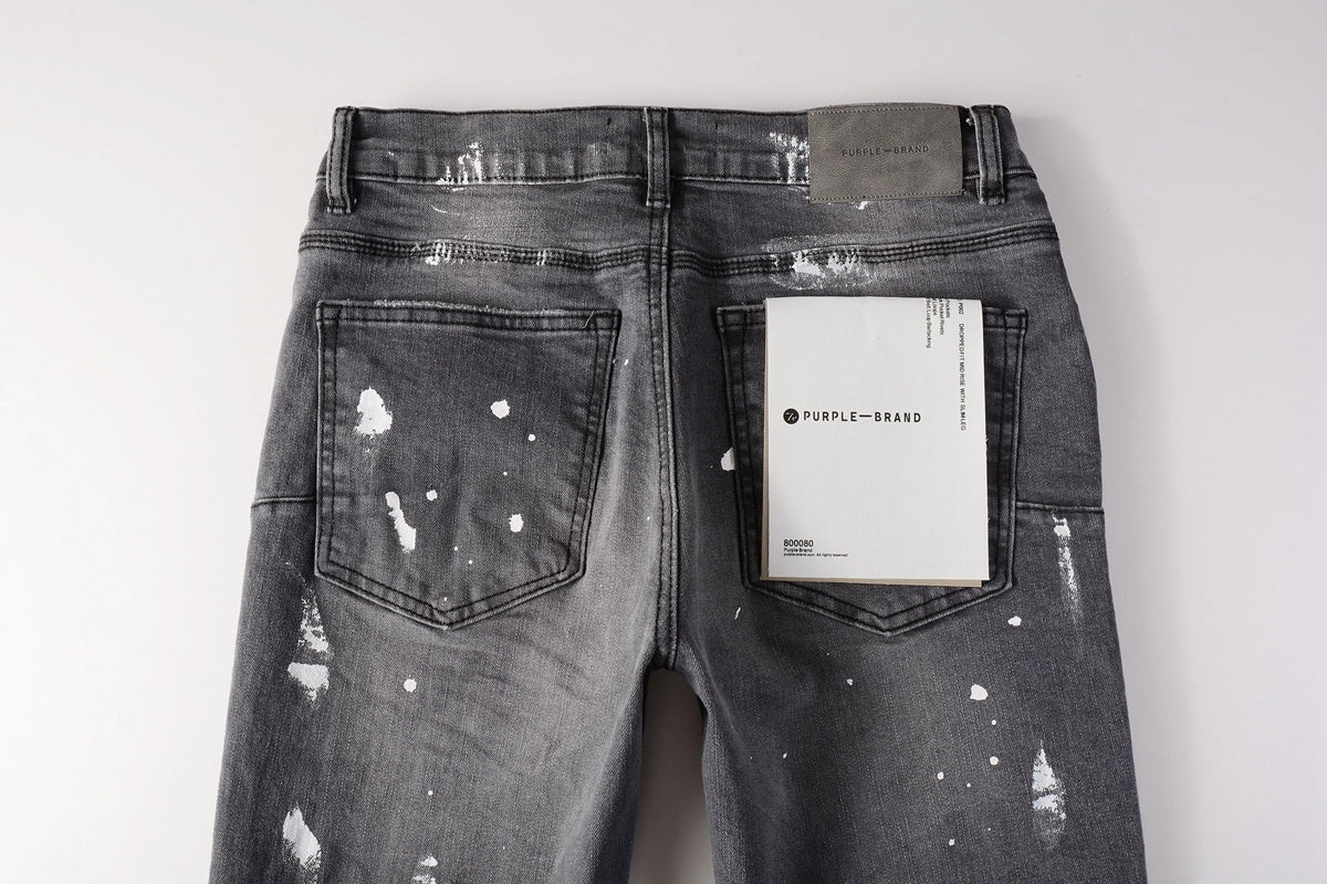 Men's Slim Fit Distressed Gray Damaged Holes Graffiti Stretch Ripped Jeans