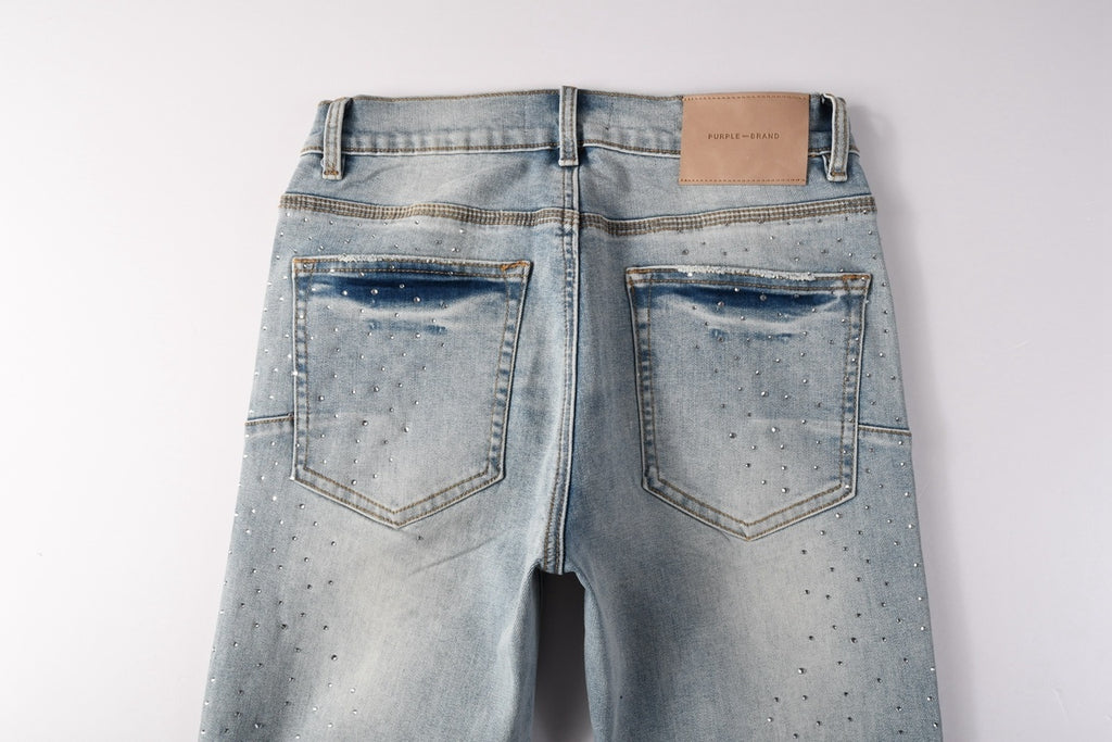Men's Distressed Light Indigo Skinny Jeans with Transparent Rhinestones & Ripped Holes