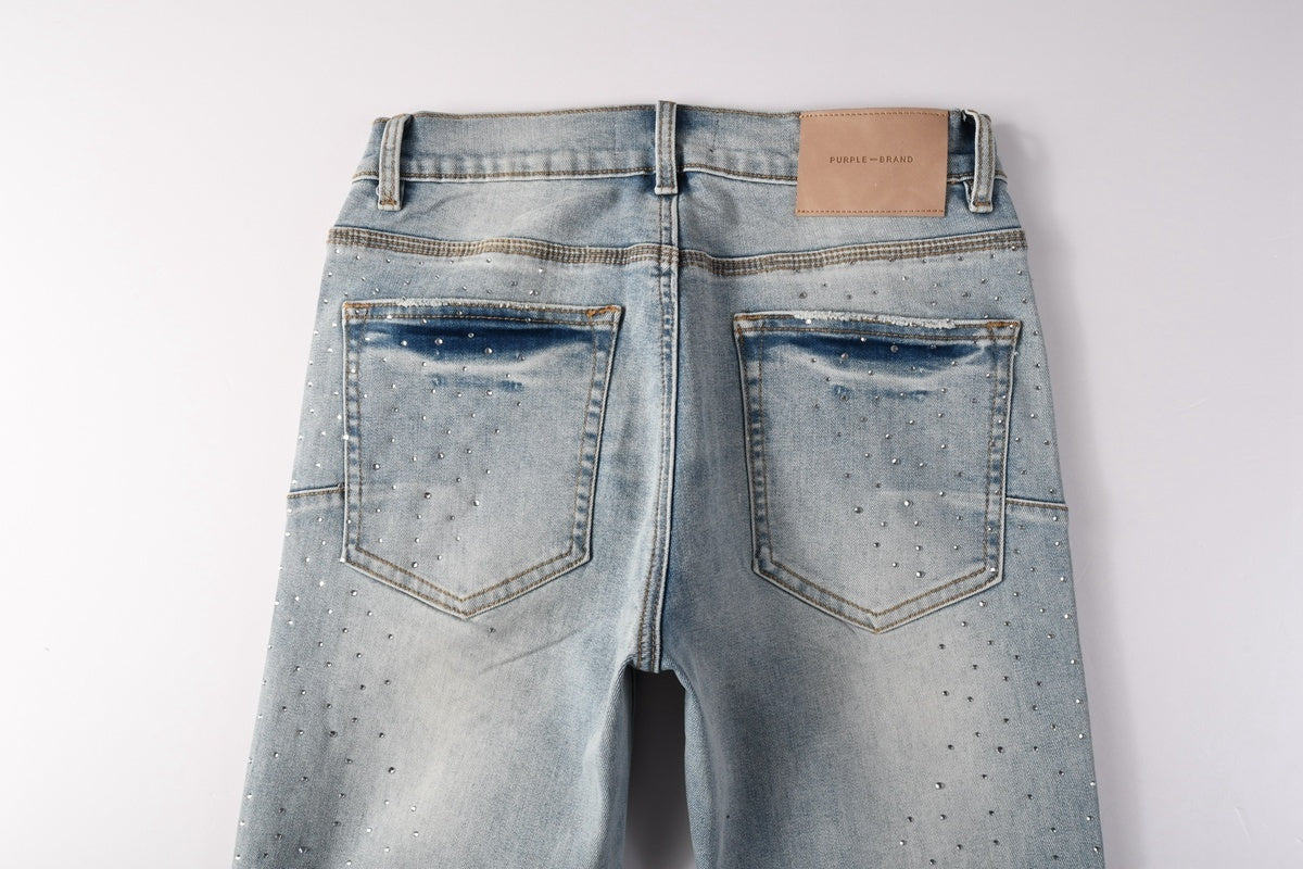 Men's Distressed Light Indigo Skinny Jeans with Transparent Rhinestones & Ripped Holes