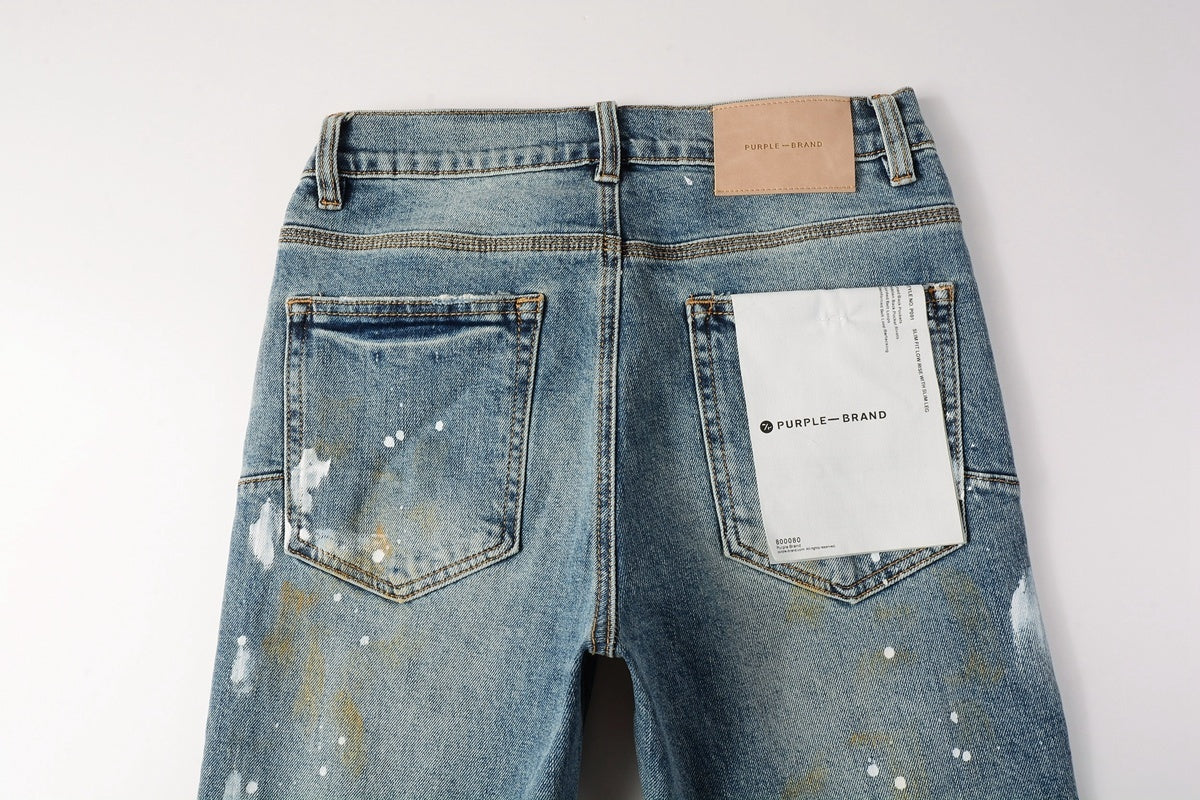 Men's Slim Fit Distressed Blue Graffiti Skinny Jeans with Ripped Holes & Button Fly