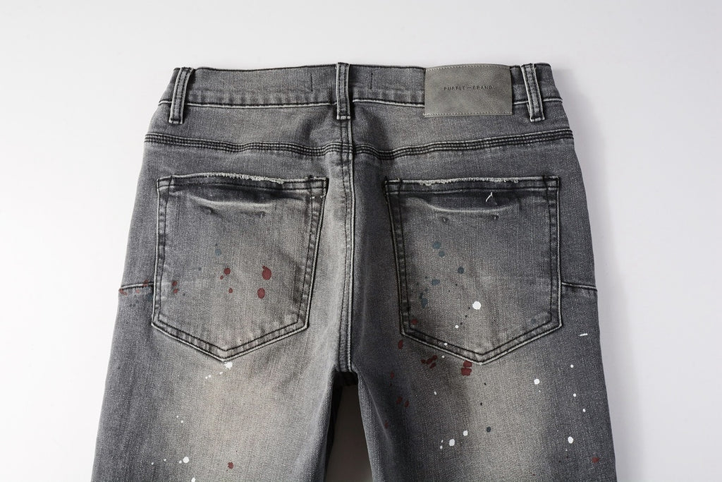 Men's Distressed Gray Graffiti Skinny Jeans with Ripped Holes & Button Fly