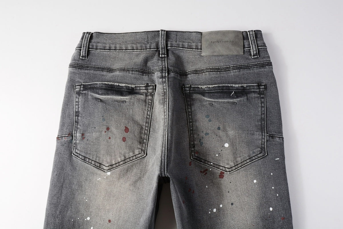 Men's Distressed Gray Graffiti Skinny Jeans with Ripped Holes & Button Fly
