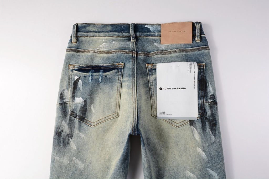 Men High Street Distressed Light Blue Destroyed Holes Graffiti Painted Stretch Slim Fit Ripped Jeans