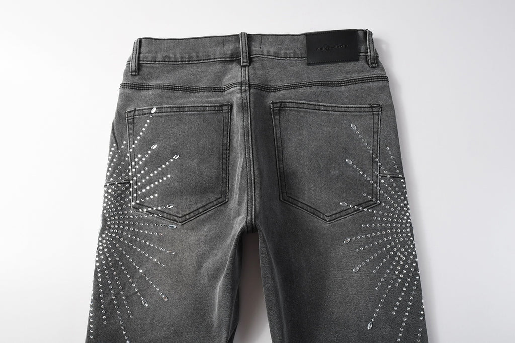 Men's Distressed Skinny Jeans with Ripped Holes, Rhinestones & Button Fly
