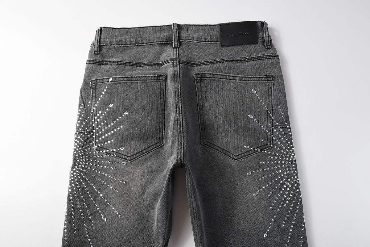 Men's Distressed Skinny Jeans with Ripped Holes, Rhinestones & Button Fly
