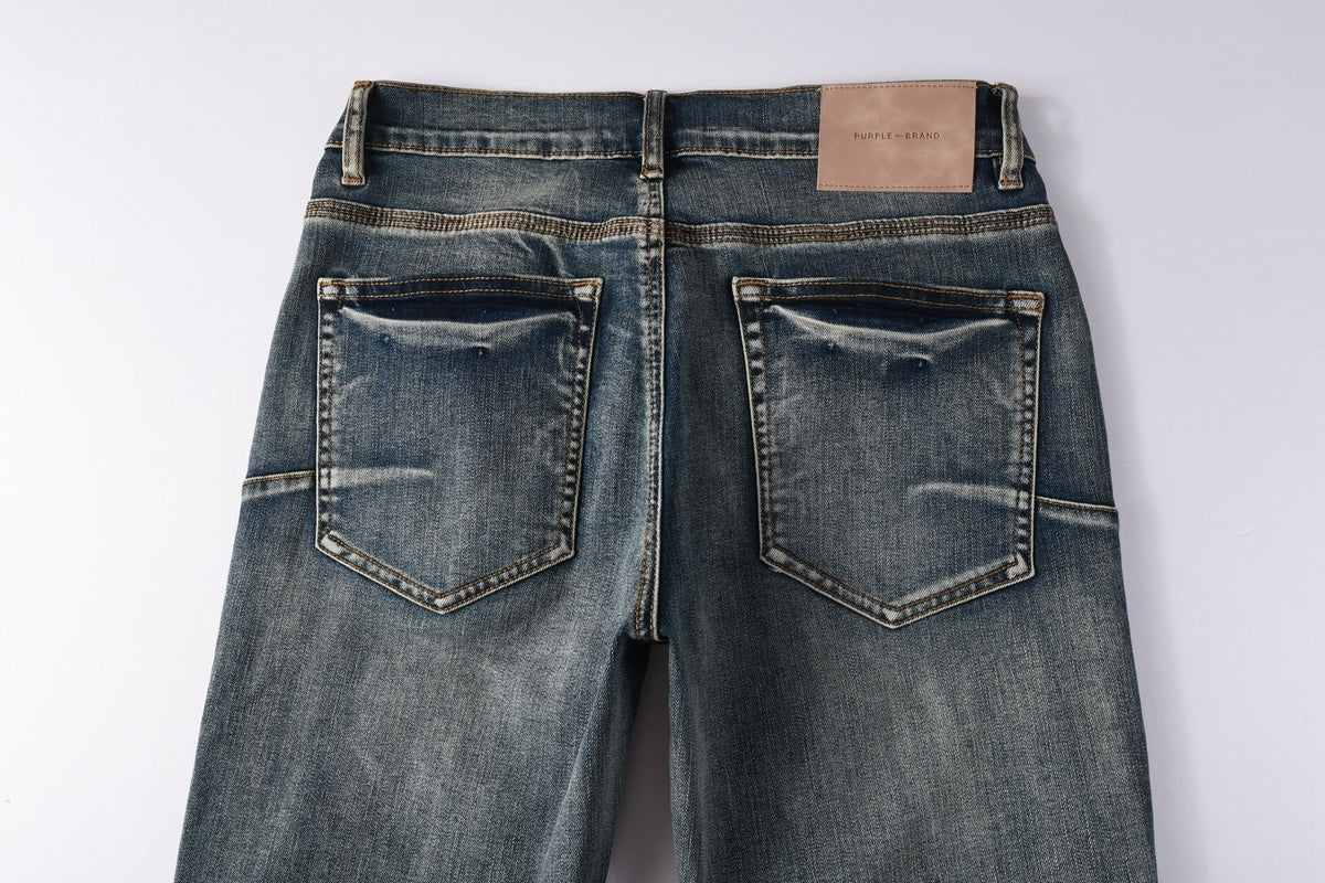 Men's Distressed Blue Skinny Jeans with Devil Suture Design & Ripped Holes & Button Fly