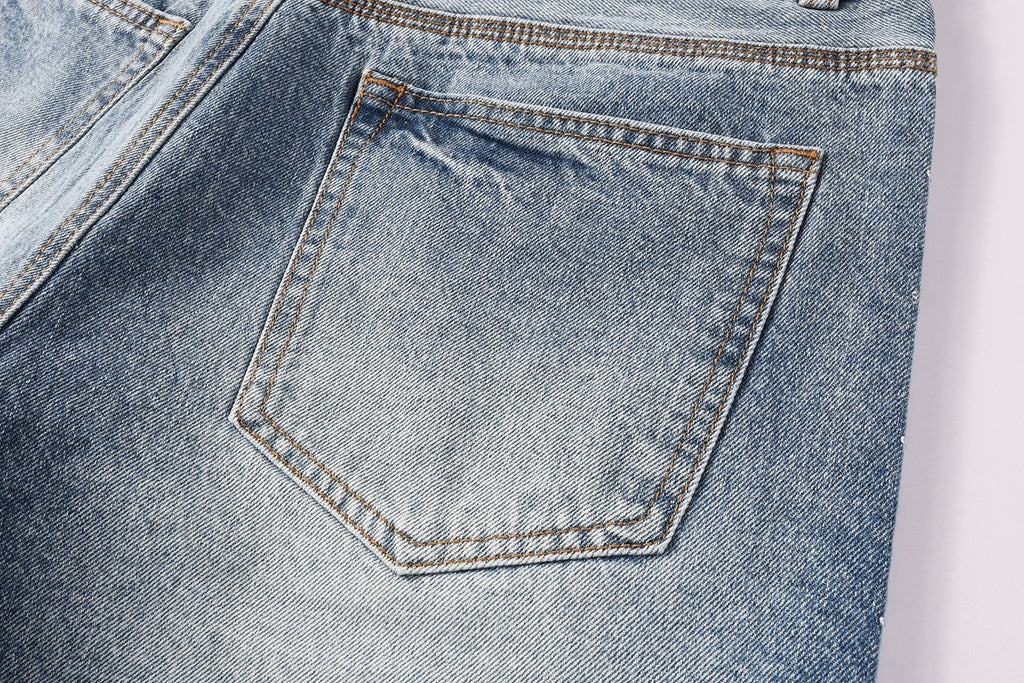 Men's Distressed Washed Blue Baggy Denim Shorts with Stretch Fit