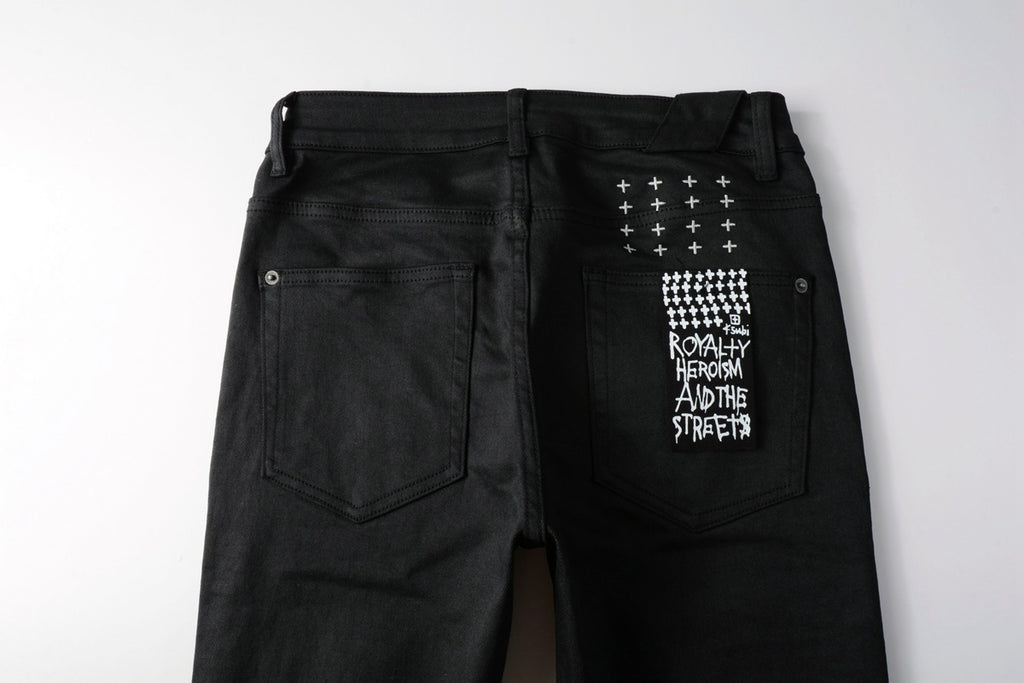 Men's Black Coated Embroidered Distressed Skinny Jeans - Stretch Denim
