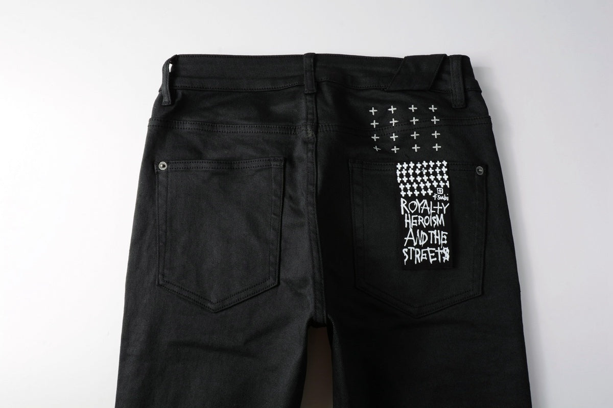 Men's Black Coated Embroidered Distressed Skinny Jeans - Stretch Denim