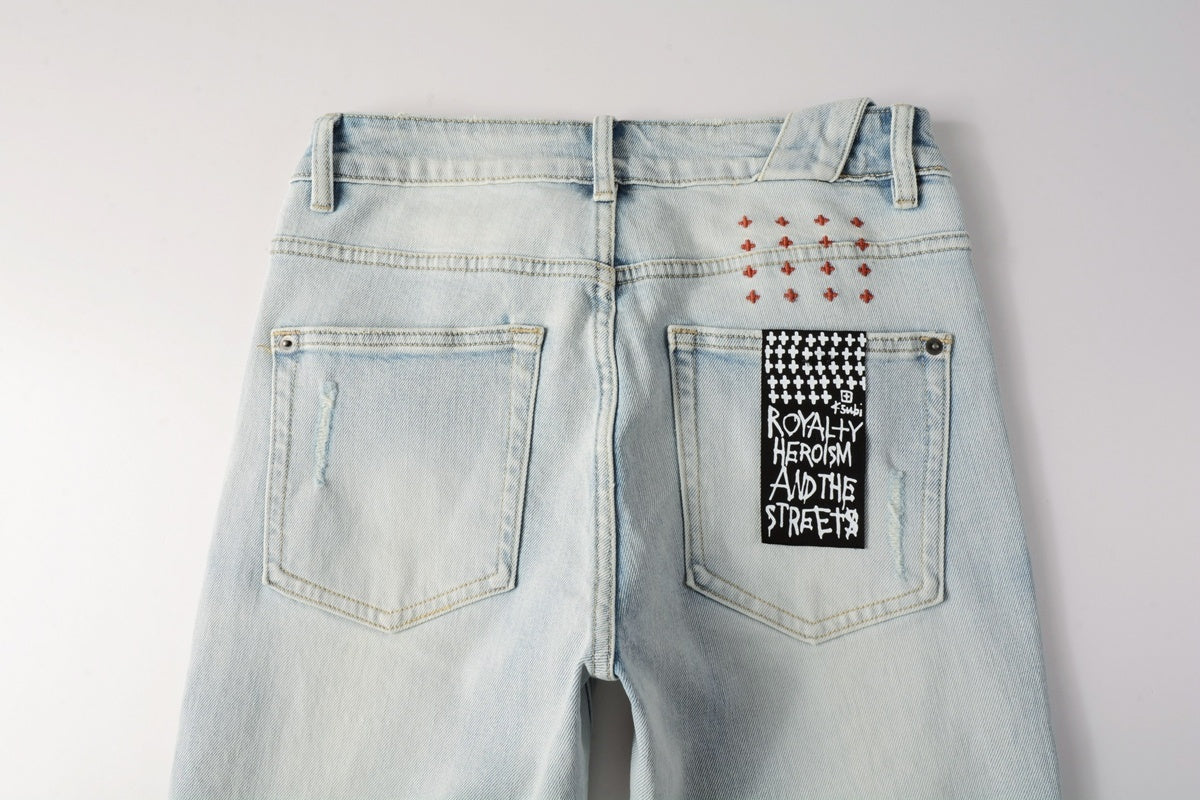 Men's Light Wash Lion Crest Patch Distressed Skinny Jeans - Stretch Denim