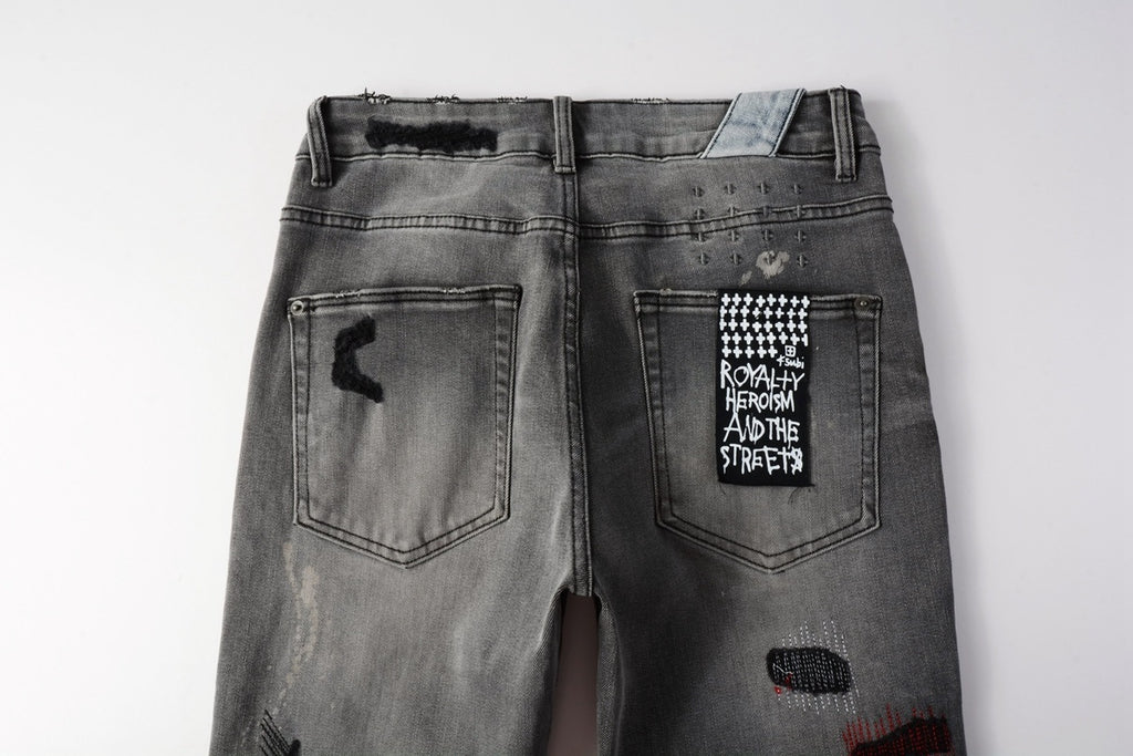 Men's Grey Wash Embroidered Distressed Skinny Jeans - Stretch Denim
