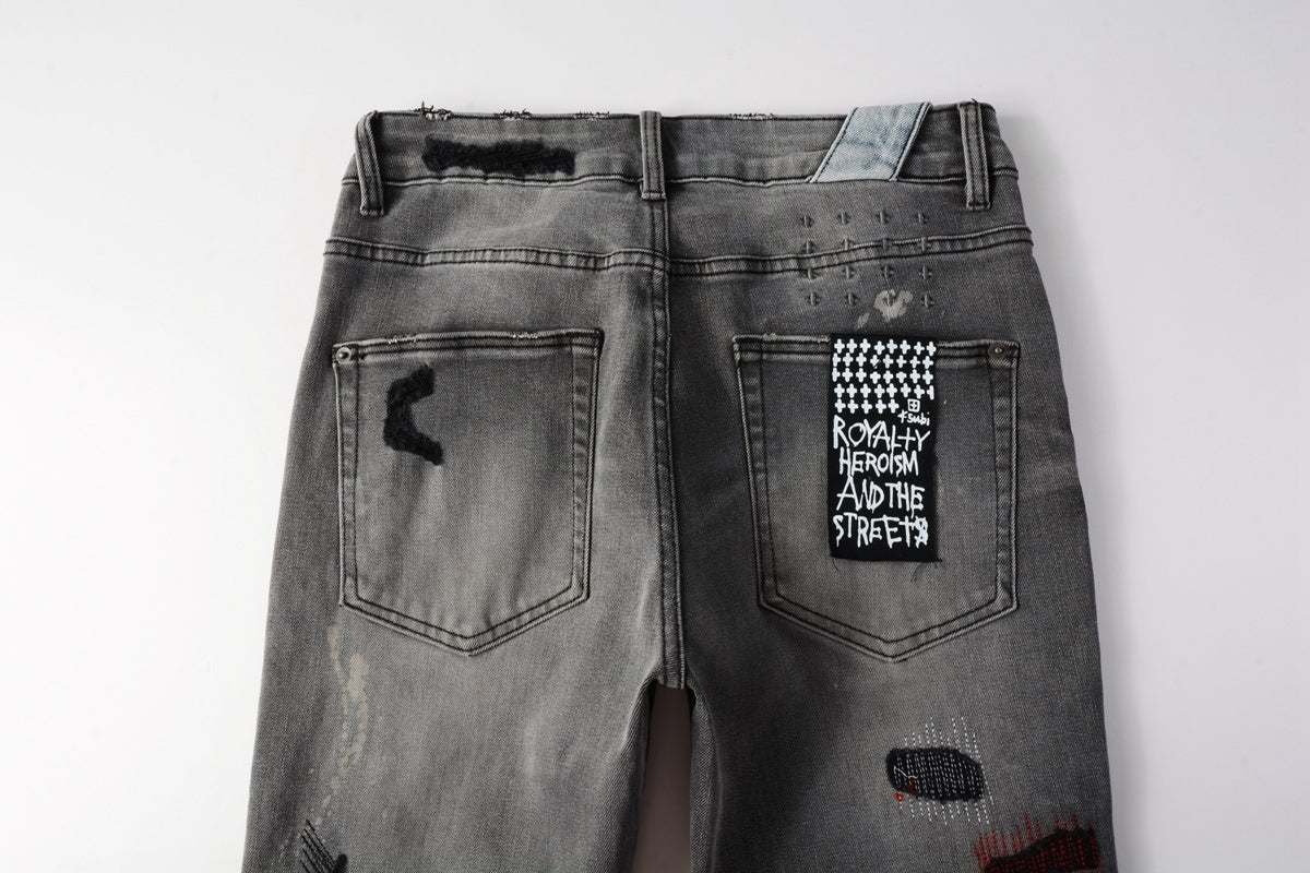 Men's Grey Wash Embroidered Distressed Skinny Jeans - Stretch Denim