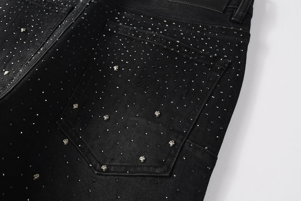 Men's Distressed Black Skinny Jeans with Ripped Holes, Rhinestones & Button Fly