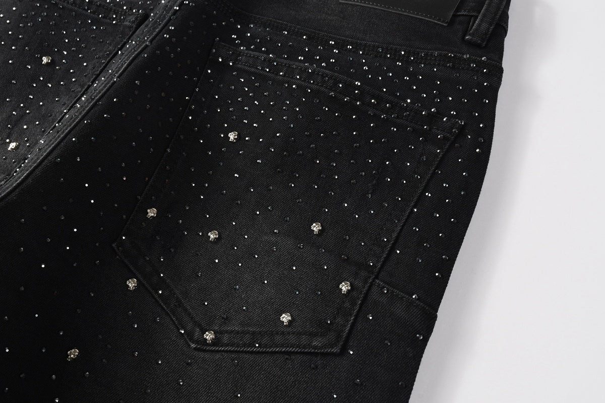 Men's Distressed Black Skinny Jeans with Ripped Holes, Rhinestones & Button Fly