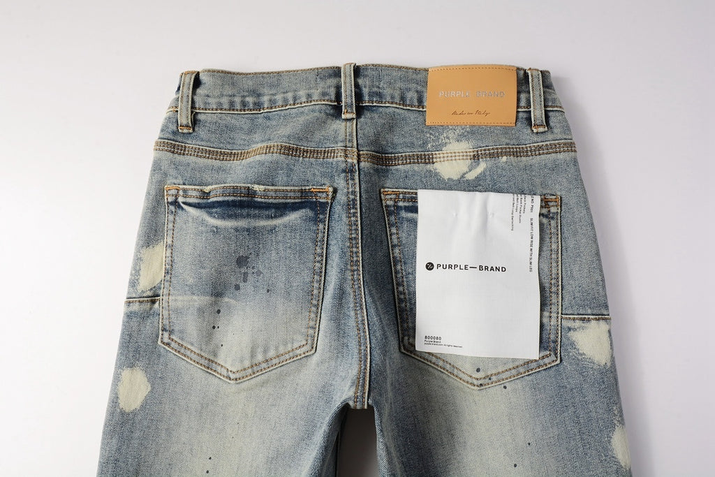 Men's Distressed Light Blue Graffiti Skinny Jeans with Ripped Holes & Button Fly